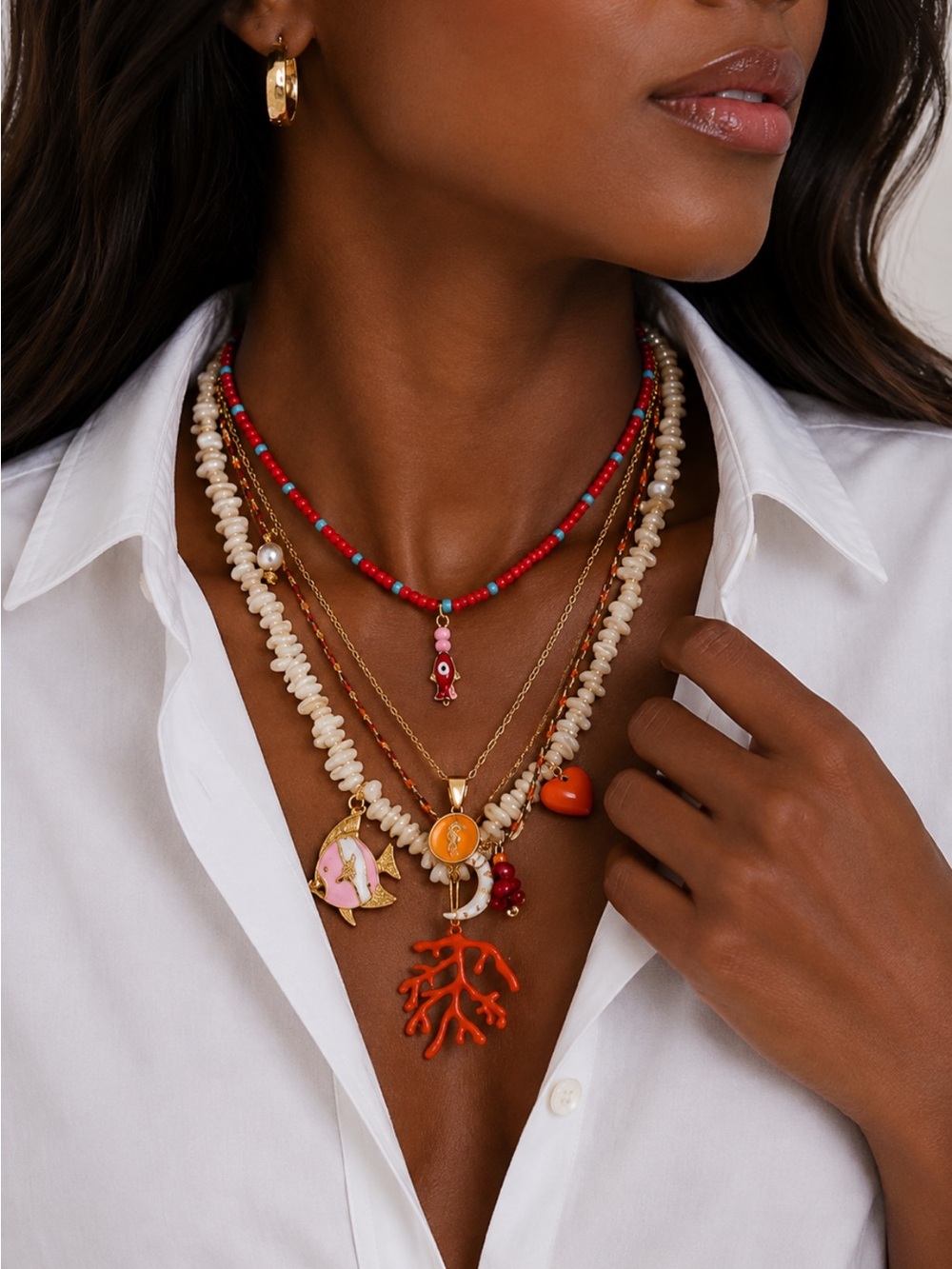 New! Coastal Coral Fish Beaded Necklace Stack Set NWOT (1052)